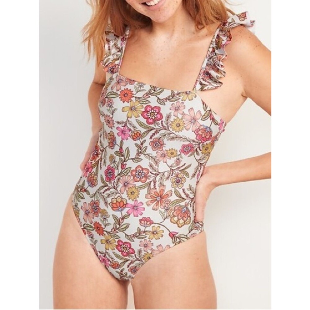 Old Navy Cottage Floral Ruffle Strap One Piece Swimsuit Sz Large French Cut UPF